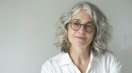 Smiling woman with curly gray hair wears glasses and a white shirt against a neutral background