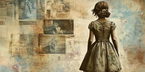 Girl in Dress Contemplates Vintage Photographs Family History