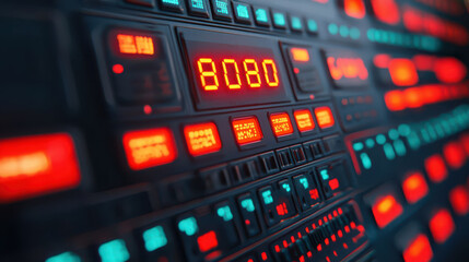 digital display with glowing red and blue numbers and symbols creates futuristic atmosphere