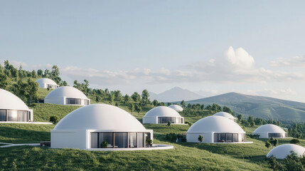Obraz premium Futuristic dome shaped houses on grassy hillside with mountains in background