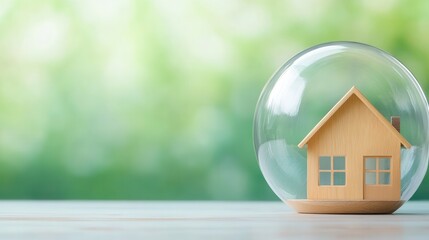 Home Protection: A miniature house nestled inside a transparent sphere symbolizes safety, security, and the safeguarding of one's home. A minimalist, conceptual image representing insurance.