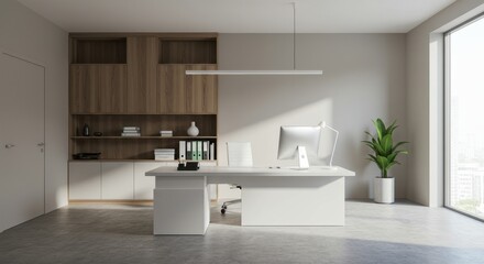 A minimalistic CEO office with a sleek white desk and modern decor