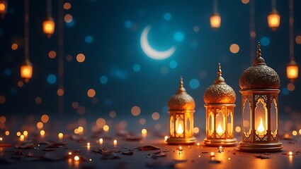 Obraz premium Ramadan atmosphere, Ornate golden lanterns, crescent moon, starry night sky, glowing bokeh lights, mystical ambiance, deep blue background, intricate Islamic patterns,