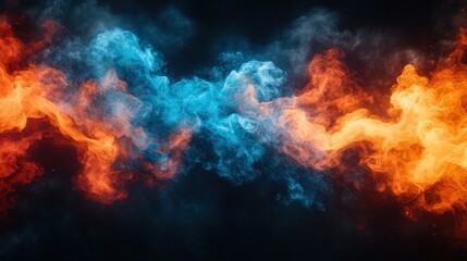 Fototapeta premium Fiery blue and orange smoke clashing, dark background, abstract design