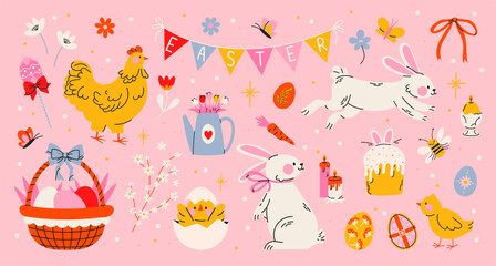 Easter holiday stickers set in abstract 90s retro style. Collection of spring elements, rabbits, eggs, Christian holiday, Easter basket, flowers, chicken. Vector groovy illustration, isolated