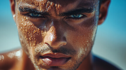 Closeup of sweaty athlete face looking at camera with serious face expression, outdoor hot sunny summer day workout training lifestyle. young man running jogging outside, cardio exercise fitness.