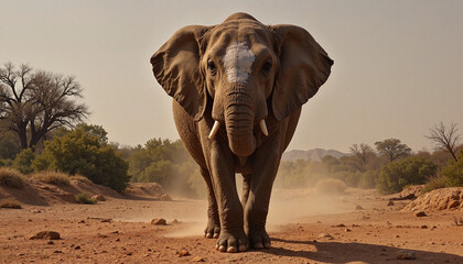 Obraz premium Majestic elephant walking through dusty landscape, nature's beauty
