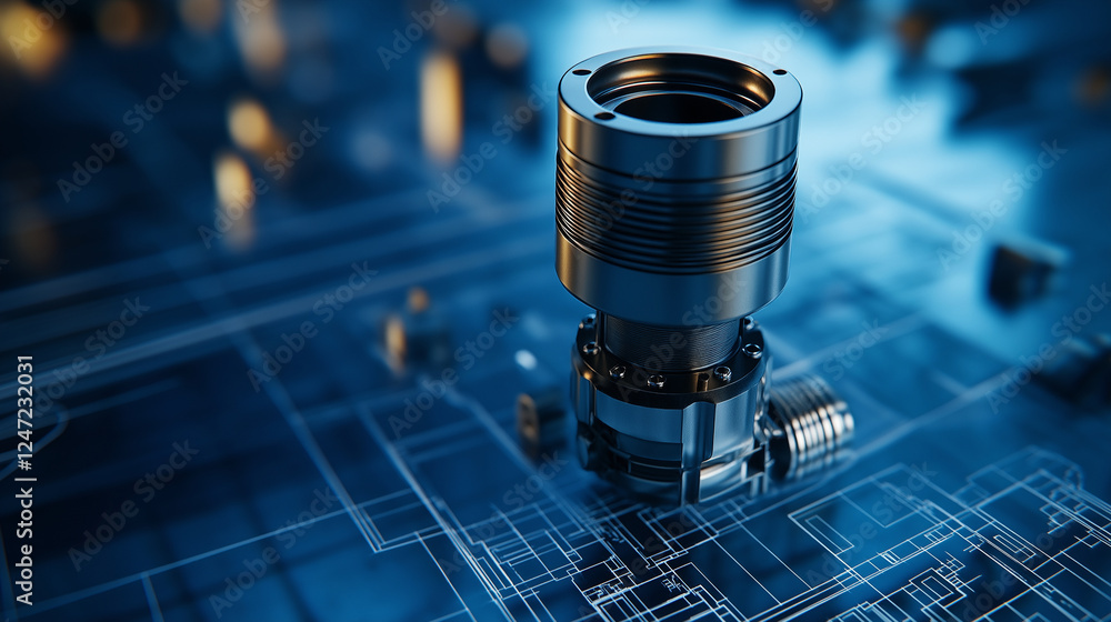 Poster a close-up of a finely machined piston resting on a blueprint of an advanced internal combustion eng