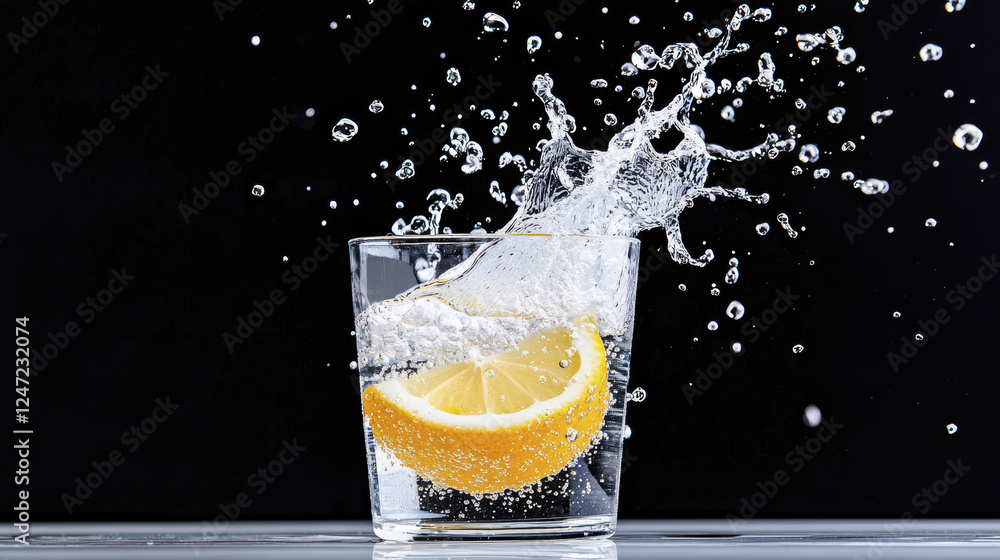 Poster Fresh lemon slice splashing in glass of sparkling water, creating dynamic bubbles and droplets