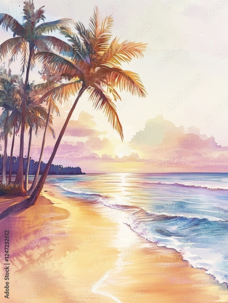 Poster Sunset over tranquil beach with palm trees and gentle waves in watercolor style illustration. Generative AI
