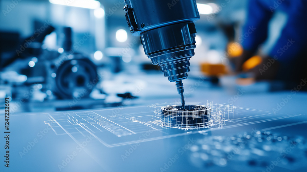 Poster a modern engineering firmâs workspace, where a high-precision robotic arm component is placed on a