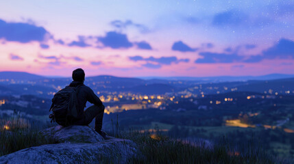 Obraz premium person sitting rock, gazing scenic sunset over valley filled with lights. sky is painted hues of purple and blue, creating serene atmosphere