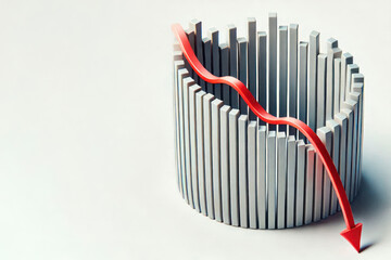 Obraz premium A red down arrow on the background of a column chart. Space for text.
