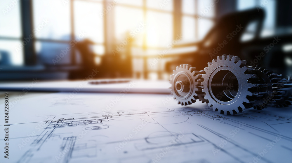 Poster a close-up shot of a detailed technical blueprint with interconnected gears and mechanical component
