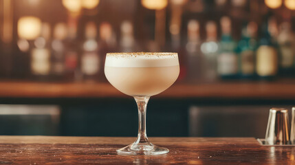 creamy Brandy Alexander cocktail in coupe glass on wooden bar counter