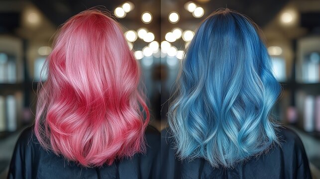 Unique hairstyle transformation showcasing vibrant pink and blue colors