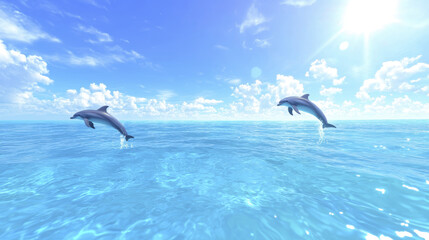 Dolphins jumping in clear blue ocean water under bright sky