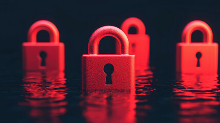 Red padlocks glowing in dark water symbolize security and protection