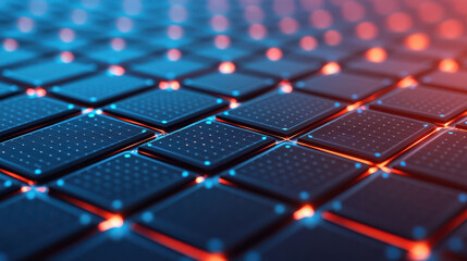 Fototapeta premium Futuristic digital grid with glowing elements and blue red color scheme