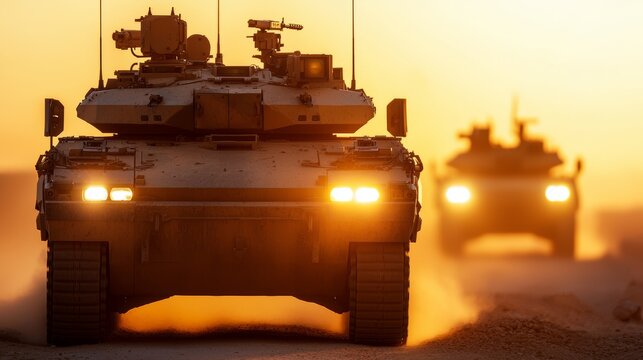 Military vehicles advancing through rugged terrain at sunset with dramatic lighting