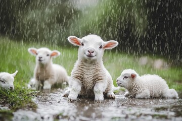 Fototapeta premium A little lamb playing in the rain with its friends