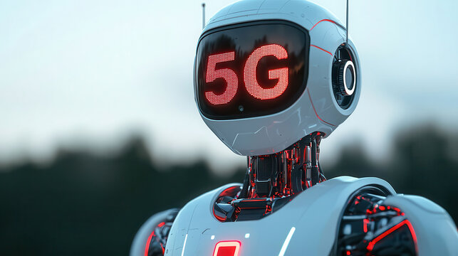 futuristic robot with 5G display on its head stands against blurred background - Powered by Adobe