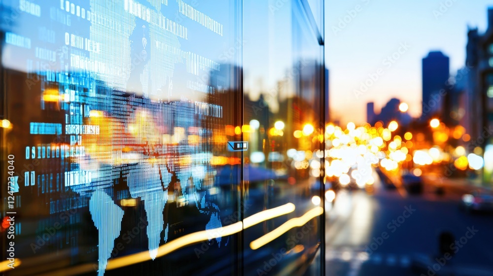 Poster dynamic cityscape with digital elements urban environment technology visualization evening light mod