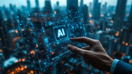 Hand interacting with digital artificial intelligence interface overlooking a city skyline at dusk