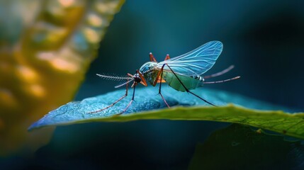 A mosquito resting on a leaf, its wings delicate and translucent