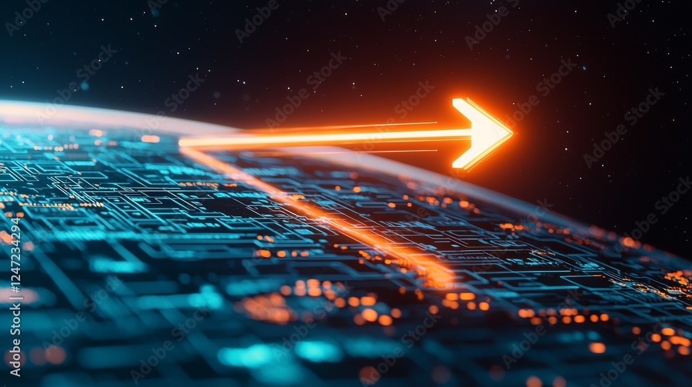 Poster futuristic digital dashboard concept with embedded technology and bright arrow design