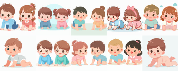vector set of cheerful babies crawling