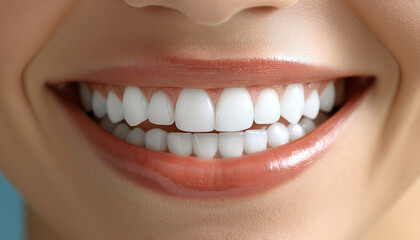Obraz premium Close-up of a beautiful woman's smiling mouth with white teeth, against a blue background