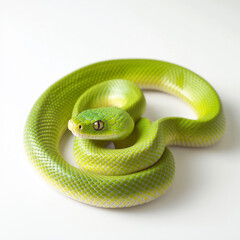 Obraz premium Closeup of bright green snake with detailed scales, coiled and resting isolated on white transparent background