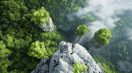 Aerial view of lush green forest with rocky formations and mist