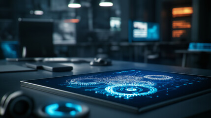 A modern engineering studio with a digital touchscreen table displaying a glowing blueprint of interlocking gears, symbolizing the fusion of traditional and digital mechanical desi