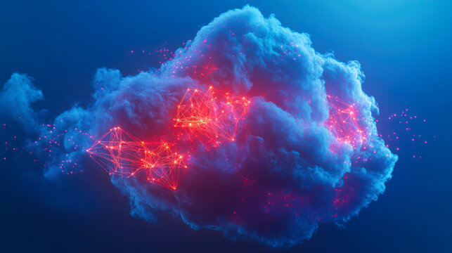 Digital cloud formation with glowing connections in deep blue background