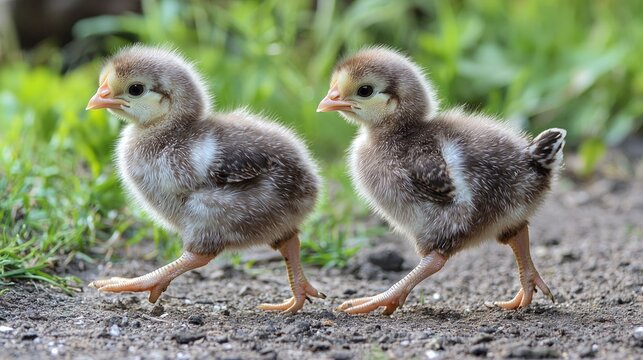 A pair of fluffy baby chicks walking together