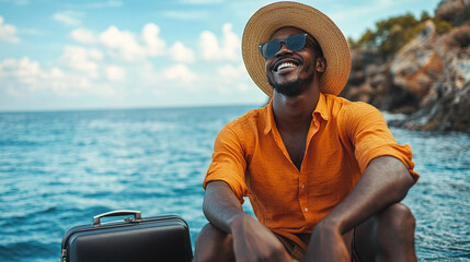 Young african american man sitting on sea or ocean coast, wearing orange shirt and straw hat and smiling, black suitcase near. summer vacation holiday island travel, tourist destination rest enjoy.