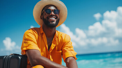 Young african american man sitting on sea or ocean coast, wearing orange shirt and straw hat and smiling, black suitcase near. summer vacation holiday island travel, tourist destination rest enjoy.