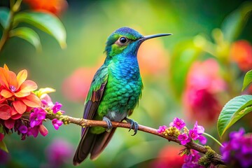 Fototapeta premium Vibrant Hummingbird in Colombian Garden - Bokeh Effect