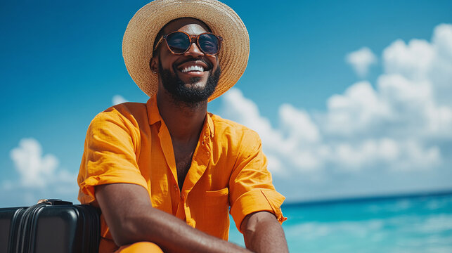 Young african american man sitting on sea or ocean coast, wearing orange shirt and straw hat and smiling, black suitcase near. summer vacation holiday island travel, tourist destination rest enjoy. - Powered by Adobe