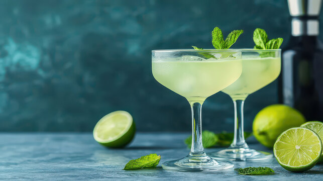 Two refreshing Southside cocktails with mint and lime on blue surface