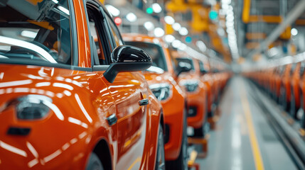 Obraz premium row of vibrant orange cars in automated factory setting, showcasing modern manufacturing