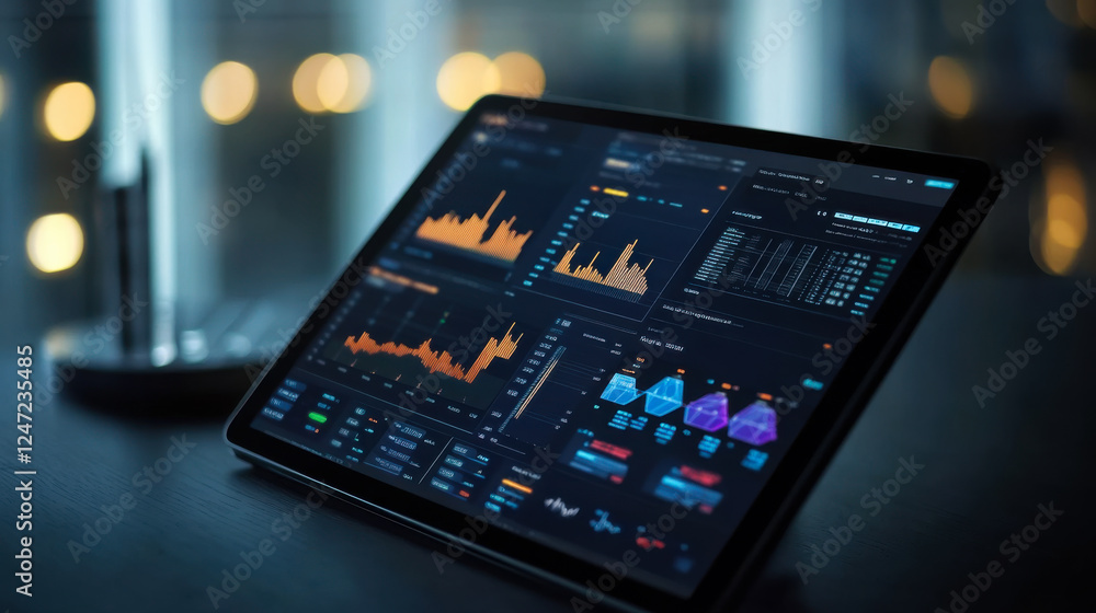 Poster data visualization on a tablet showing analytics in a modern office environment at night