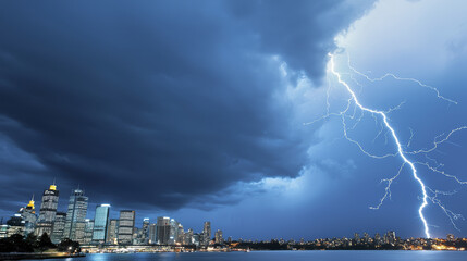 Dramatic lightning strikes over city skyline, showcasing stormy atmosphere