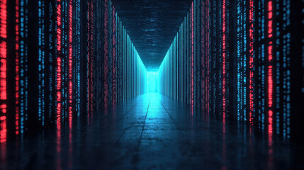 futuristic corridor with glowing red and blue digital code on walls