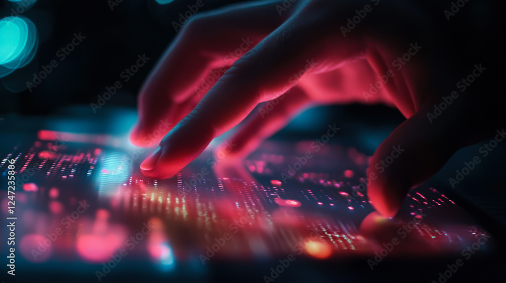 Poster digital interaction showcasing data analysis with vibrant colors and intricate visuals in a dark set