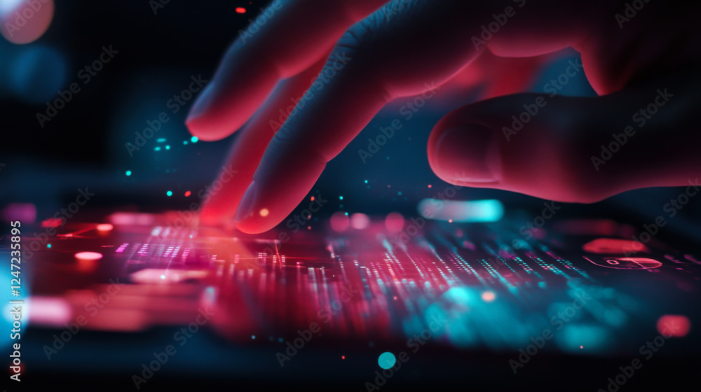 Poster digital interaction showcasing data analysis with vibrant colors and intricate visuals in a dark set
