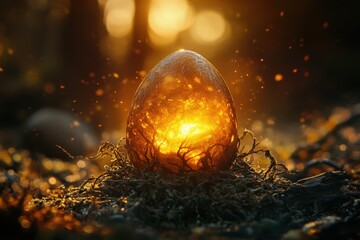 Brightly glowing egg nested in earthy surroundings during twilight hours