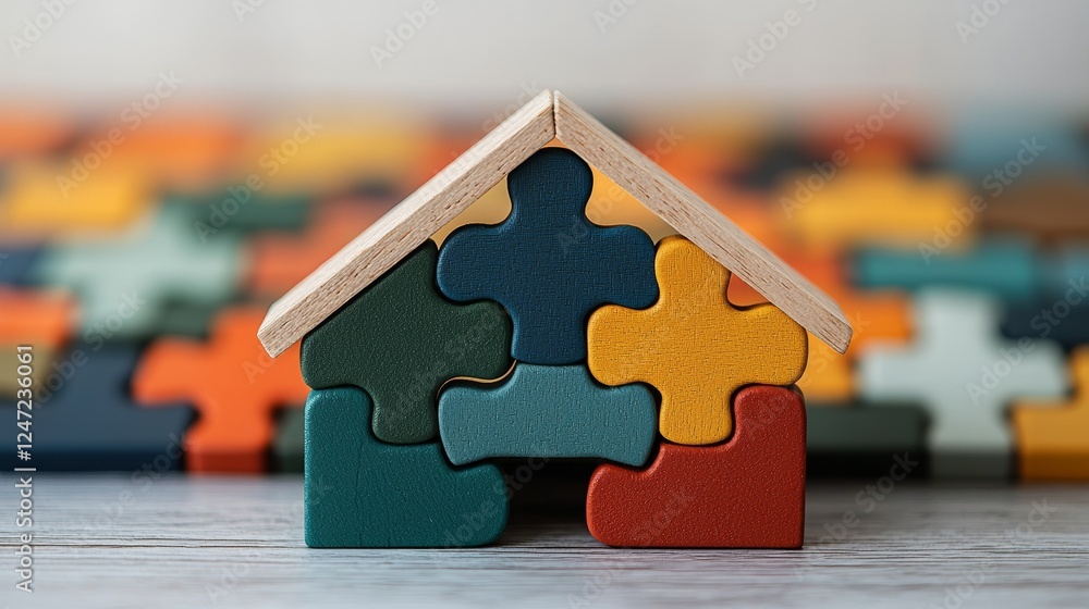 Poster diverse puzzle pieces forming a house structure showcasing esg principles in unity